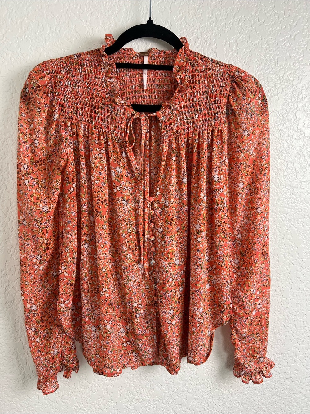 Free People Rust Floral Smocked Peasant Blouse